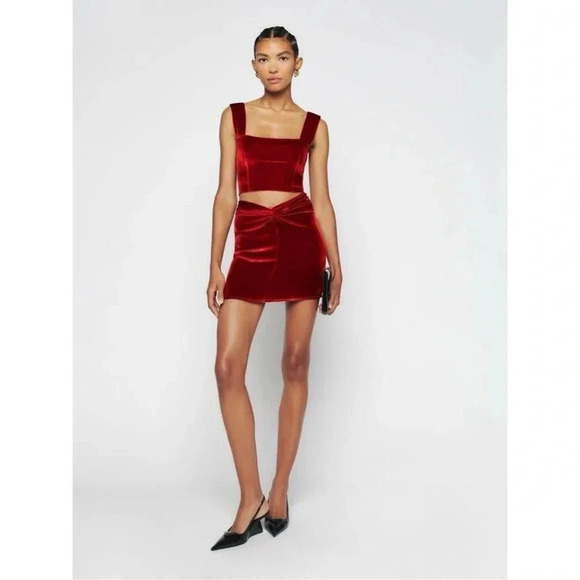 Reformation Harri Velvet Mini Skirt Silk Blend in Red Orange - Picture 15 of 15